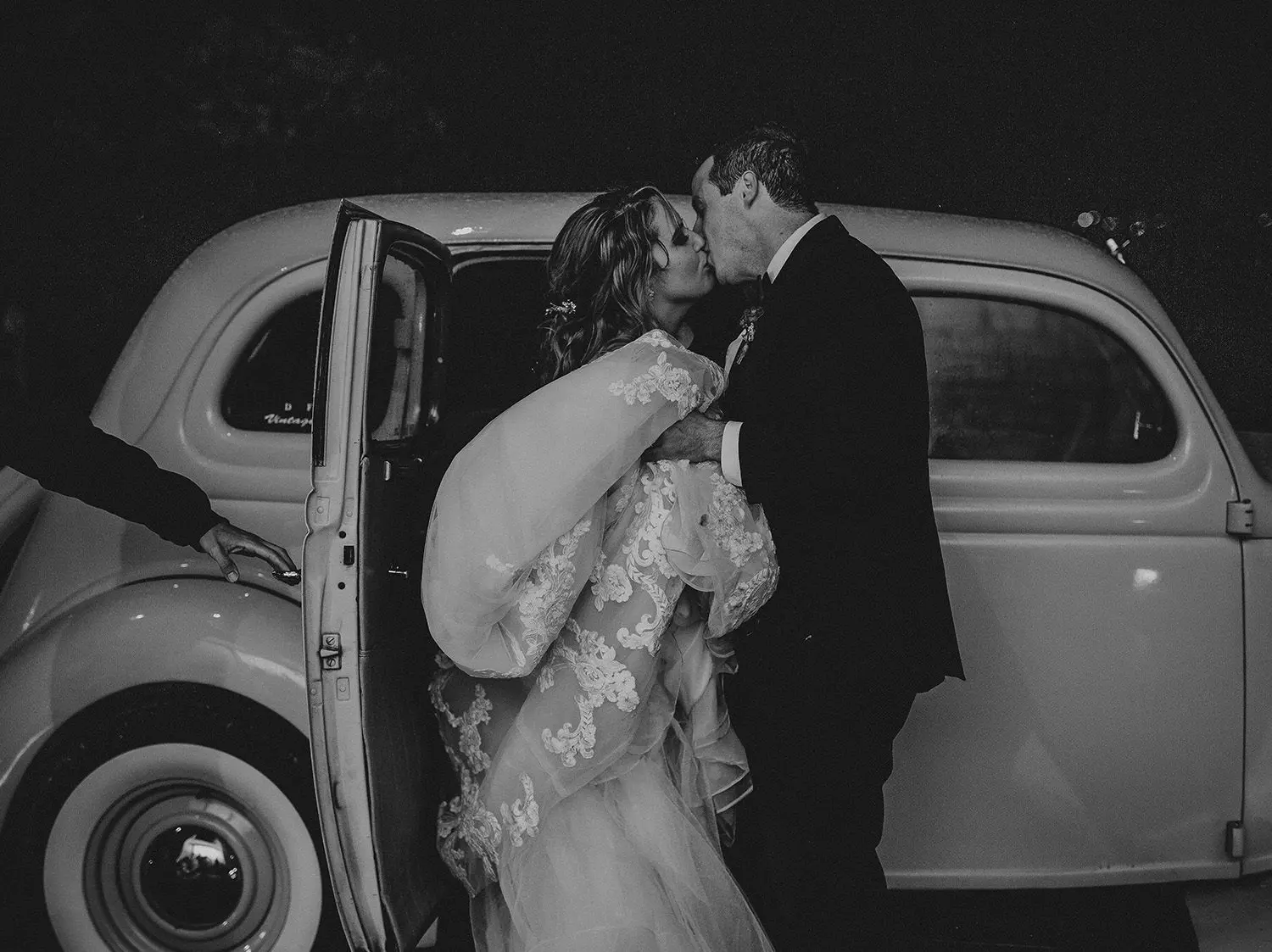 vintage car wedding exit